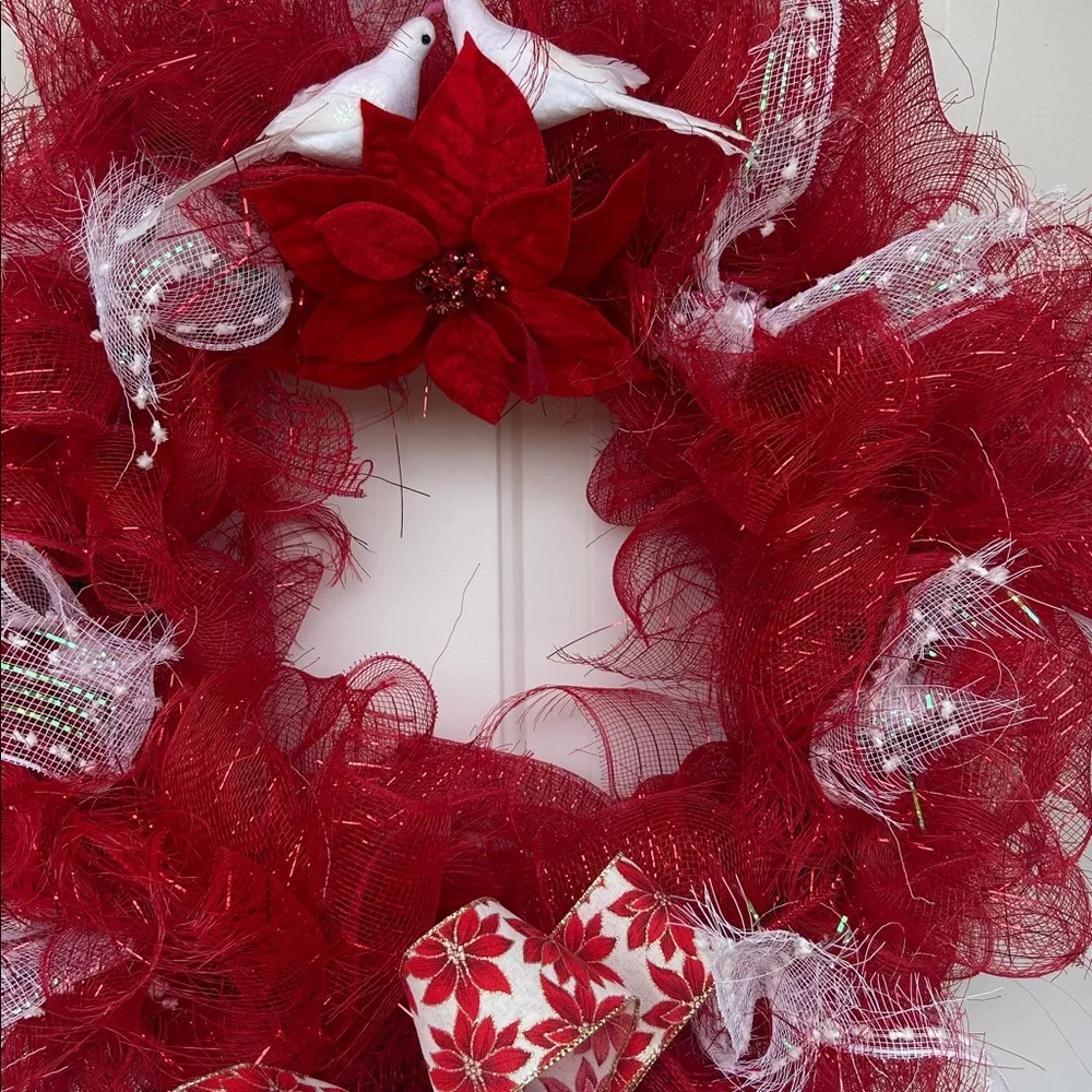 Elegant Red and White Holiday Wreath with Poinsettia
